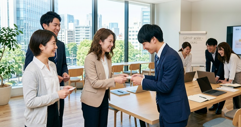 内定者研修で同期と笑顔でグループワークに取り組む学生たちの様子