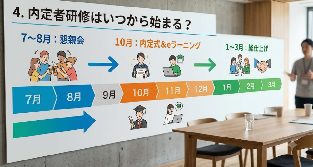 内定者研修のスケジュールを現した表。
7~8月は懇親会、10月から内定式とeラーニング、1~3月で総仕上げ