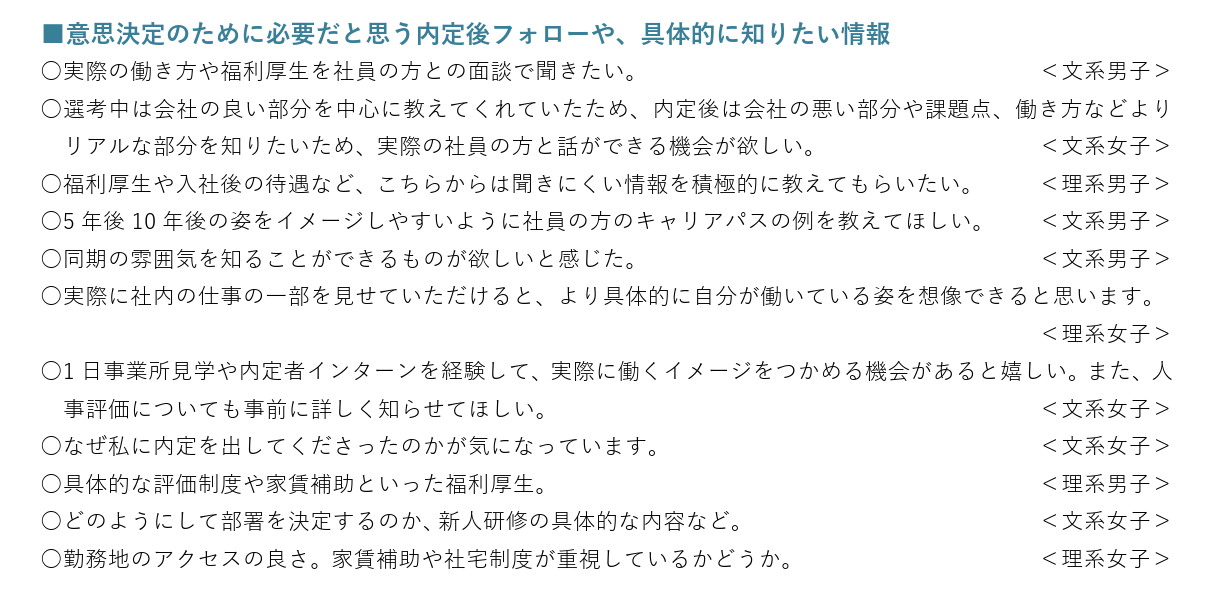 意思決定のために必要だと思う内定後フォローや、具体的に知りたい情報