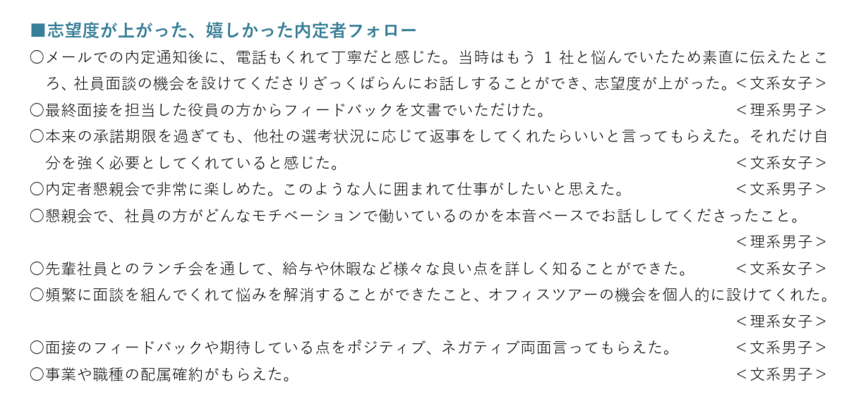 志望度が上がった、嬉しかった内定者フォロー